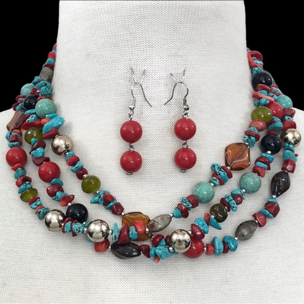3 Row Layered Turquoise Stone Multicolor Bead Necklace Earrings Set